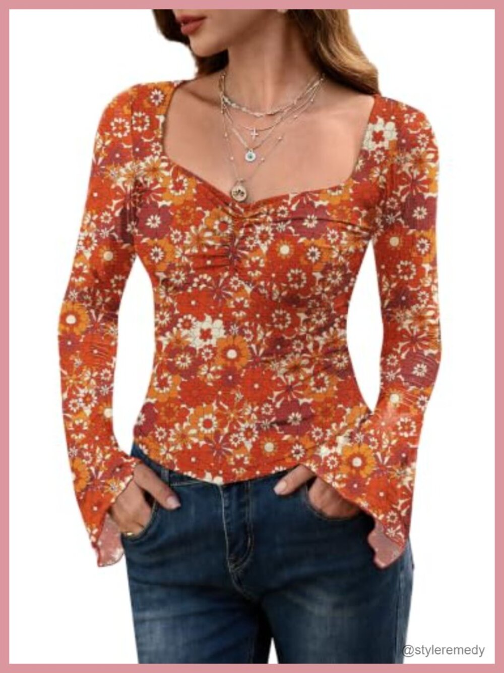 Womens 70s Boho Sweetheart Neck Bell Sleeve Sheer Mesh Top